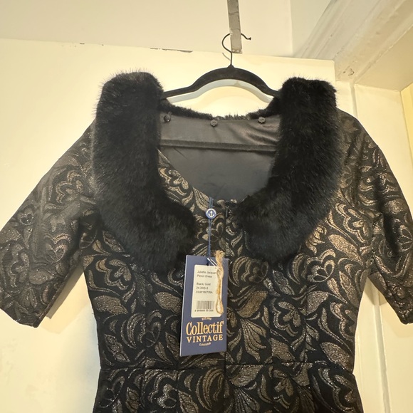 Collectif Black and Gold Juliette Jacquard Pencil Dress - Picture 8 of 11